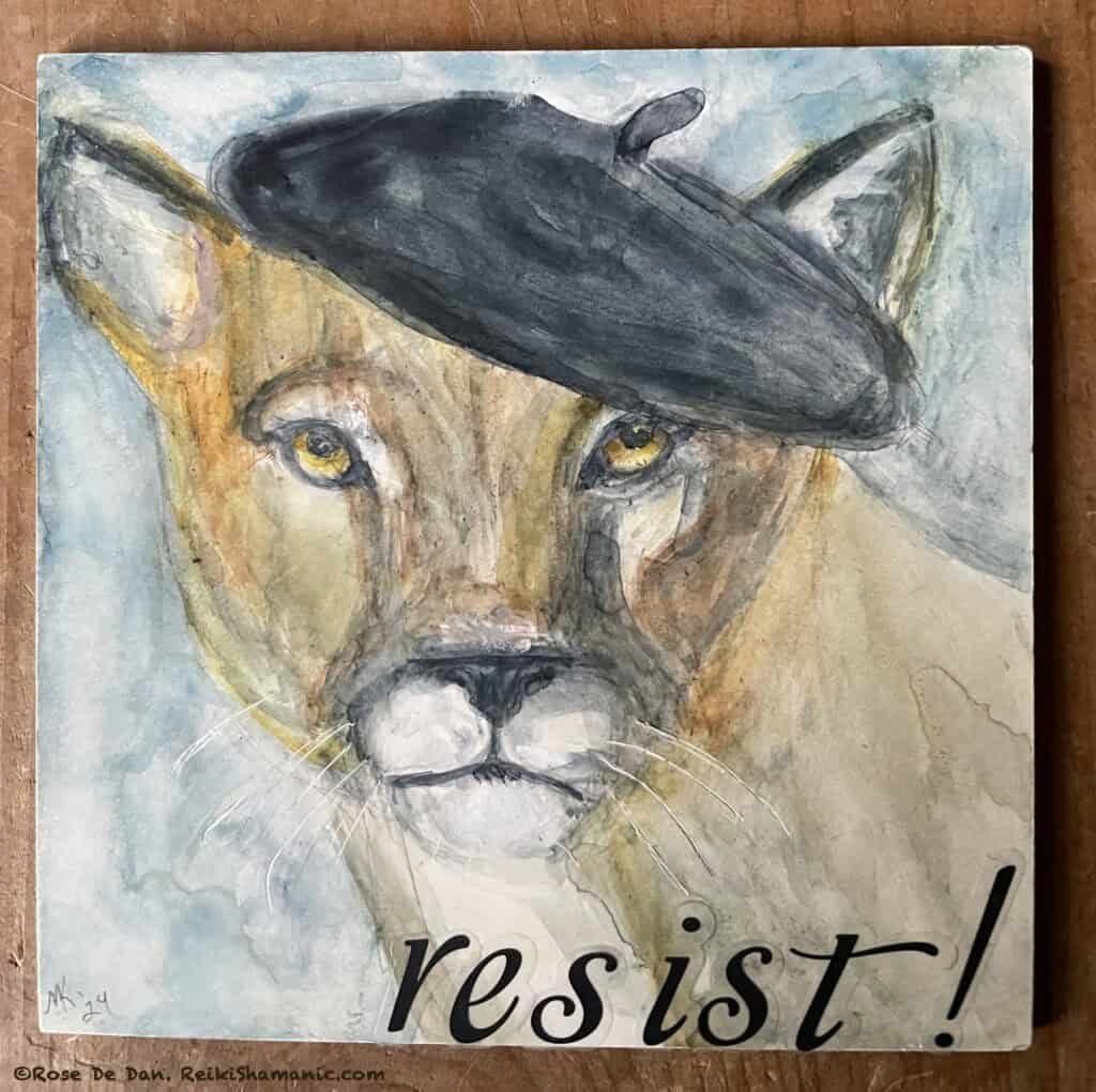 Mountain Lion Windwalker In Beret Resist, ©Rose De Dan. Artist Mitzi Koch